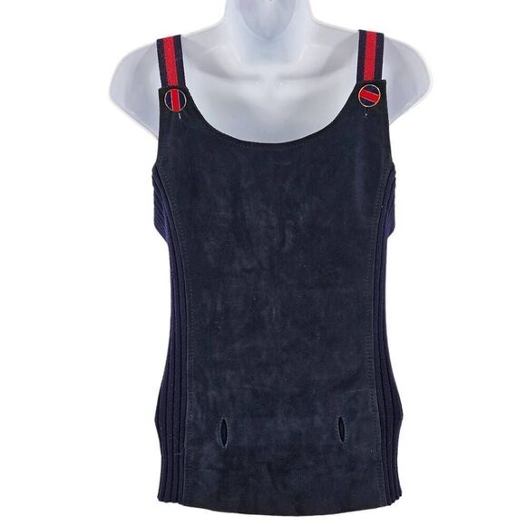 Rare Vintage Gucci Collector Navy Blue Knit & Suede Top with Web Straps | Circa - Picture 1 of 5